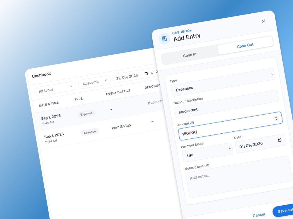 PickMySnap Studio Cashbook and Event Ledger Management